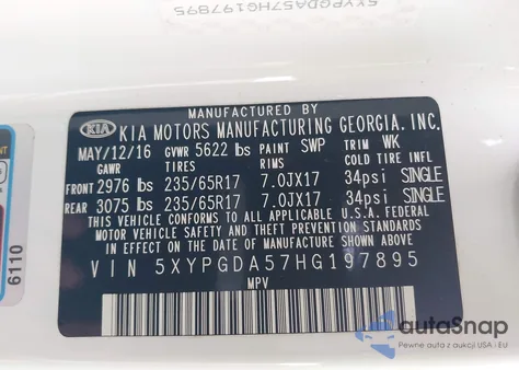 2017 Kia Sorento 3.3L Lx из США, поврежденный, VIN 5XYPGDA57HG197895